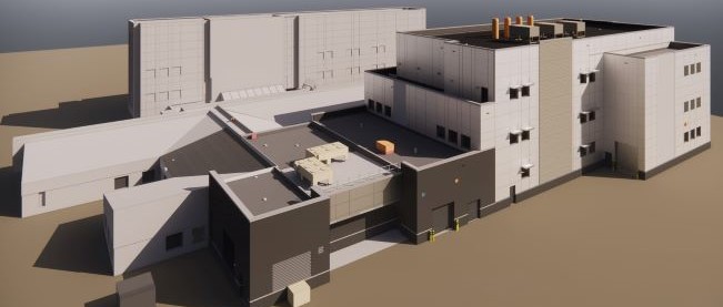 artist rendering of a large animal housing building