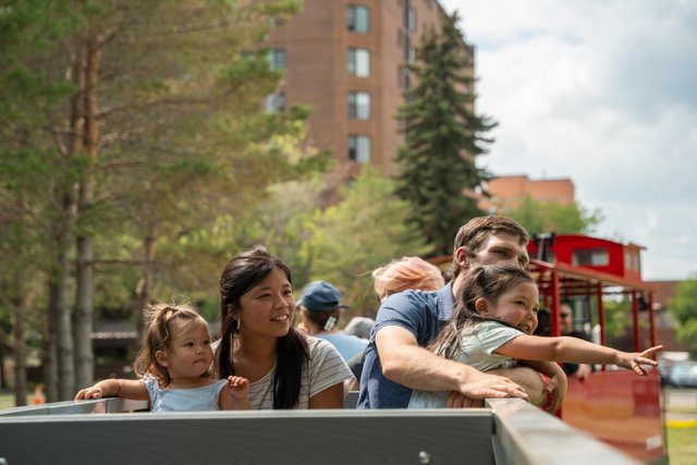 family riding an amusement train in a park