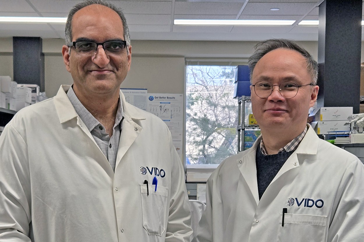 two scientists in lab coats in lab